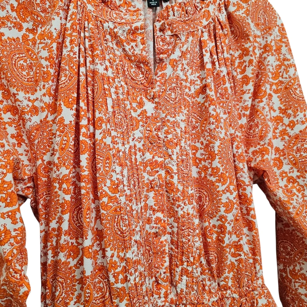 Nwot J.Crew Orange White Floral LS Ruffled Neck Fit/Flare Button Front  Dress